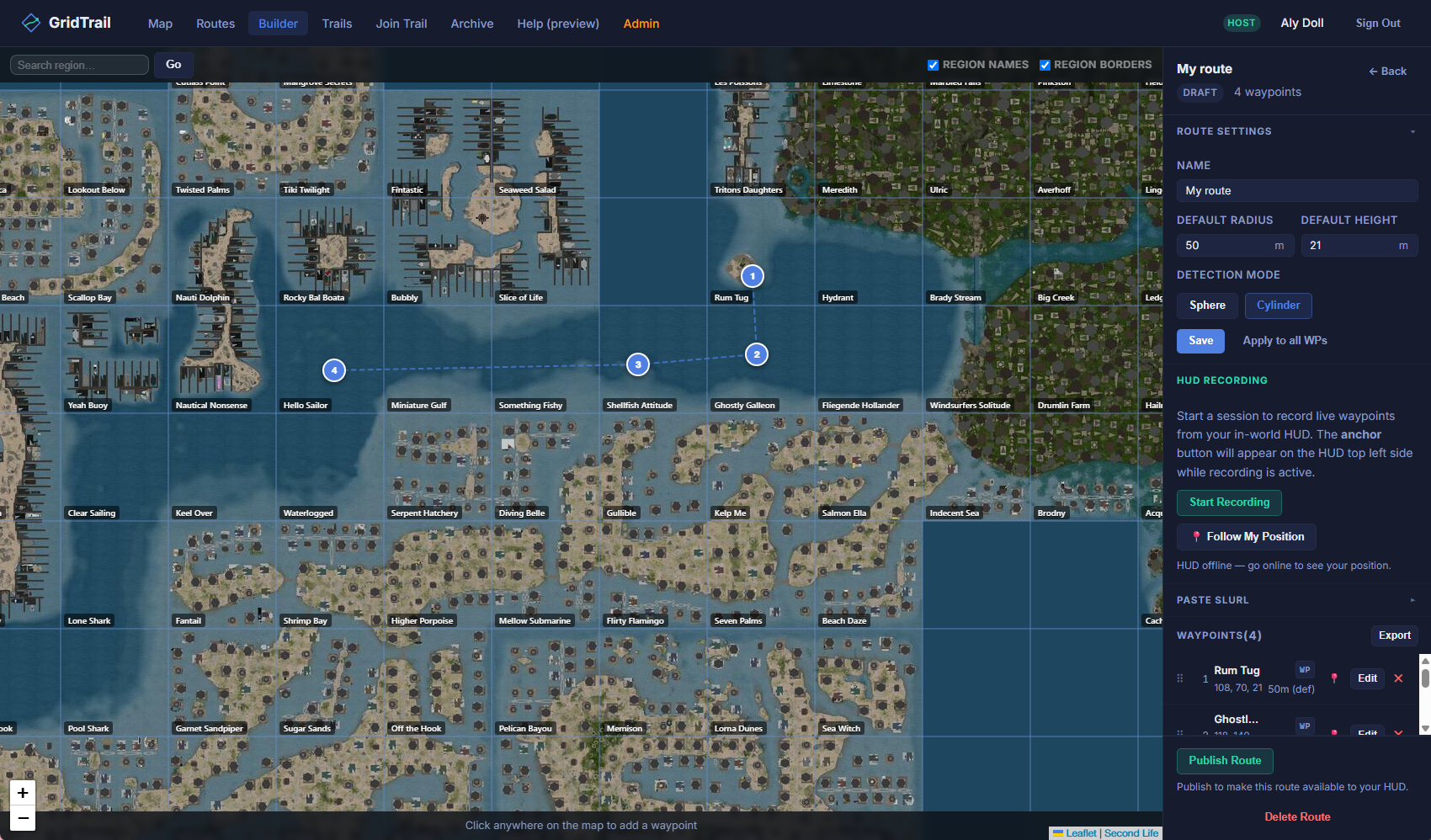 GridTrail Builder showing a four-waypoint sailing route through Second Life