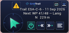 GridTrail inworld HUD showing a direction arrow, waypoint 41 of 48 at Lanig, and a distance of 229 metres