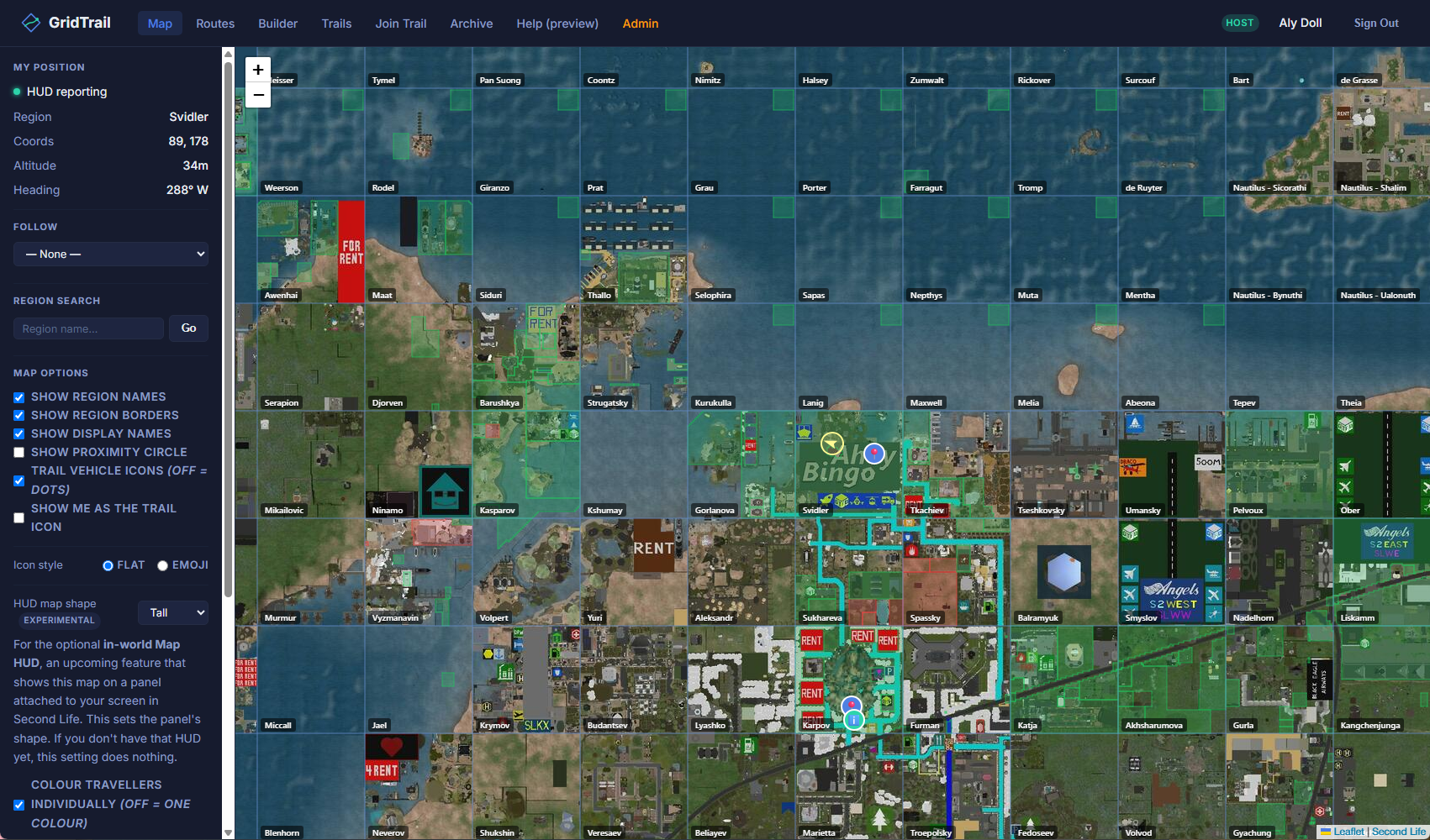 GridTrail live map with position information and a route through Second Life