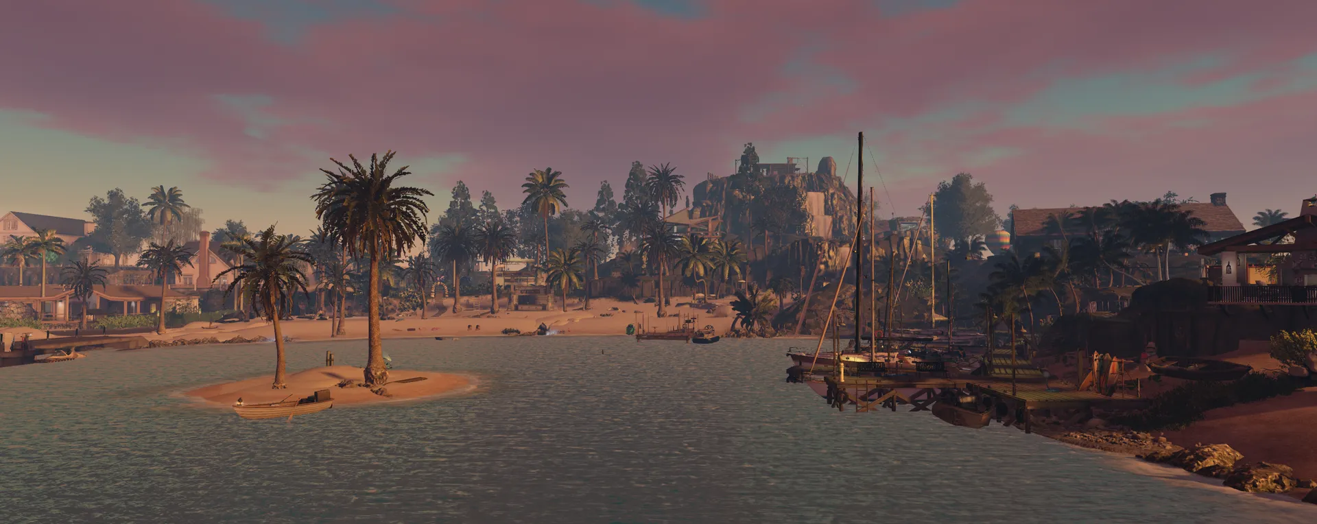 Dusk over the Ahoy Bingo lagoon with palms and a sailboat