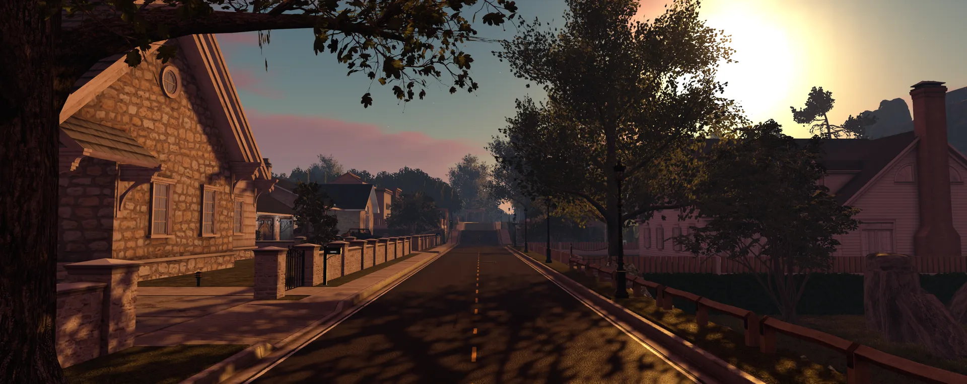 Golden hour on a residential street of rental homes