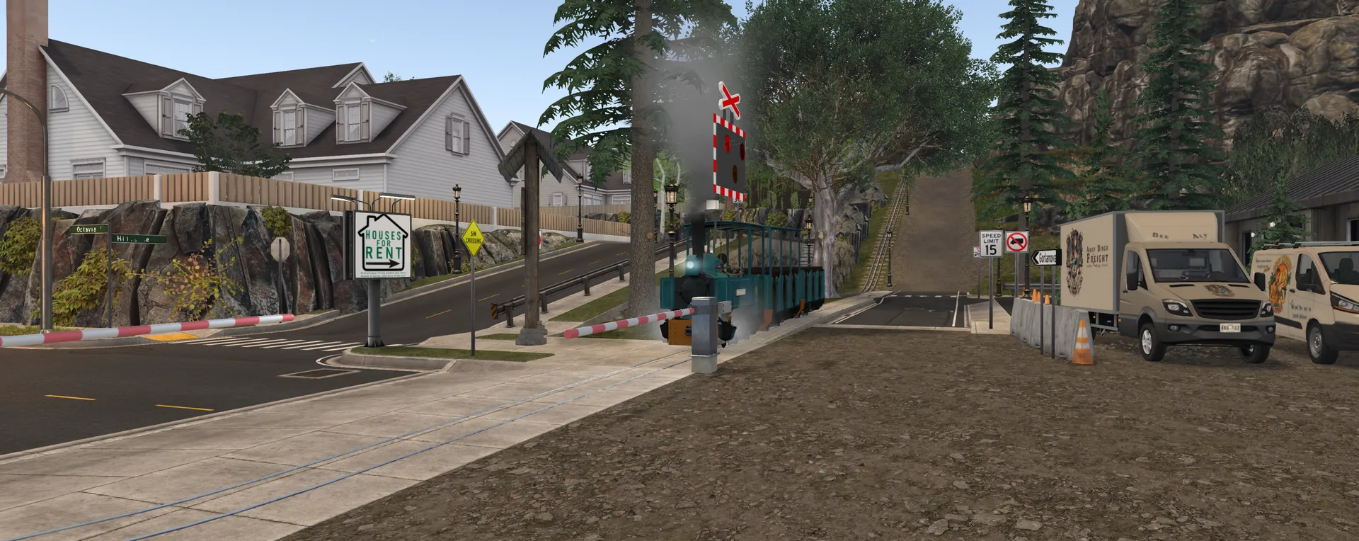 The train at a level crossing in the middle of town