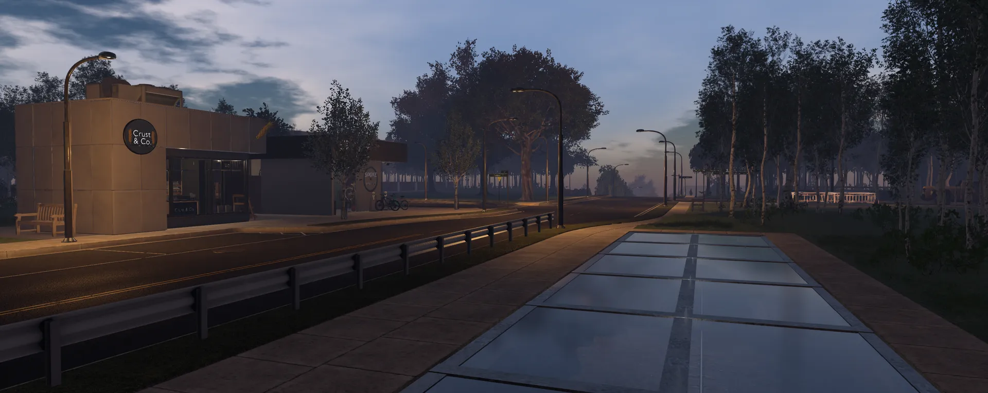 The evening train passing the Cup and Co cafe at dusk